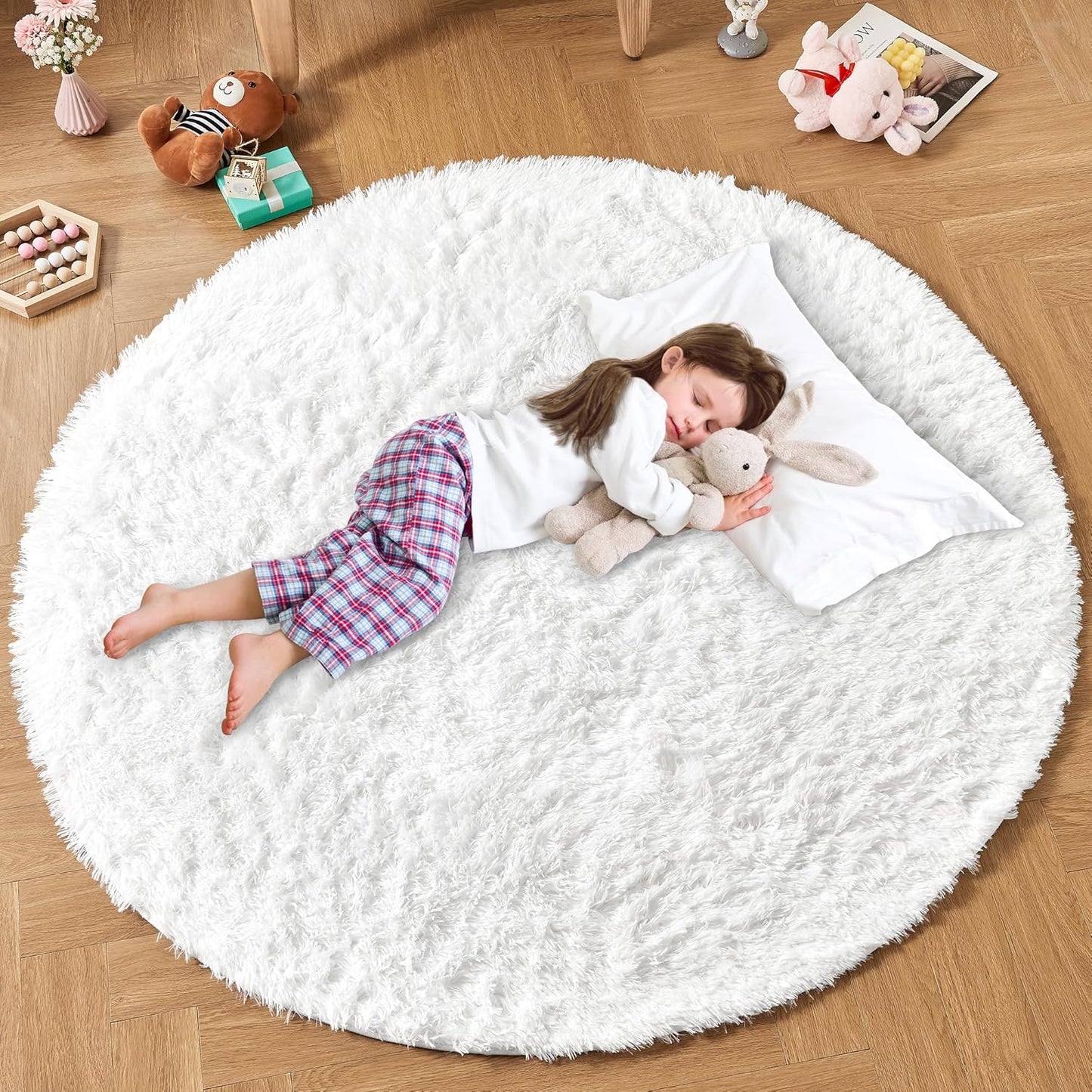 Andency White Round Area Rug for Bedroom, Soft Shag Circle Rug 6x6 for Room, Fluffy Faux Fur Carpet for Home Decor, Circular Fuzzy Plush Rug for Living Room, Playroom