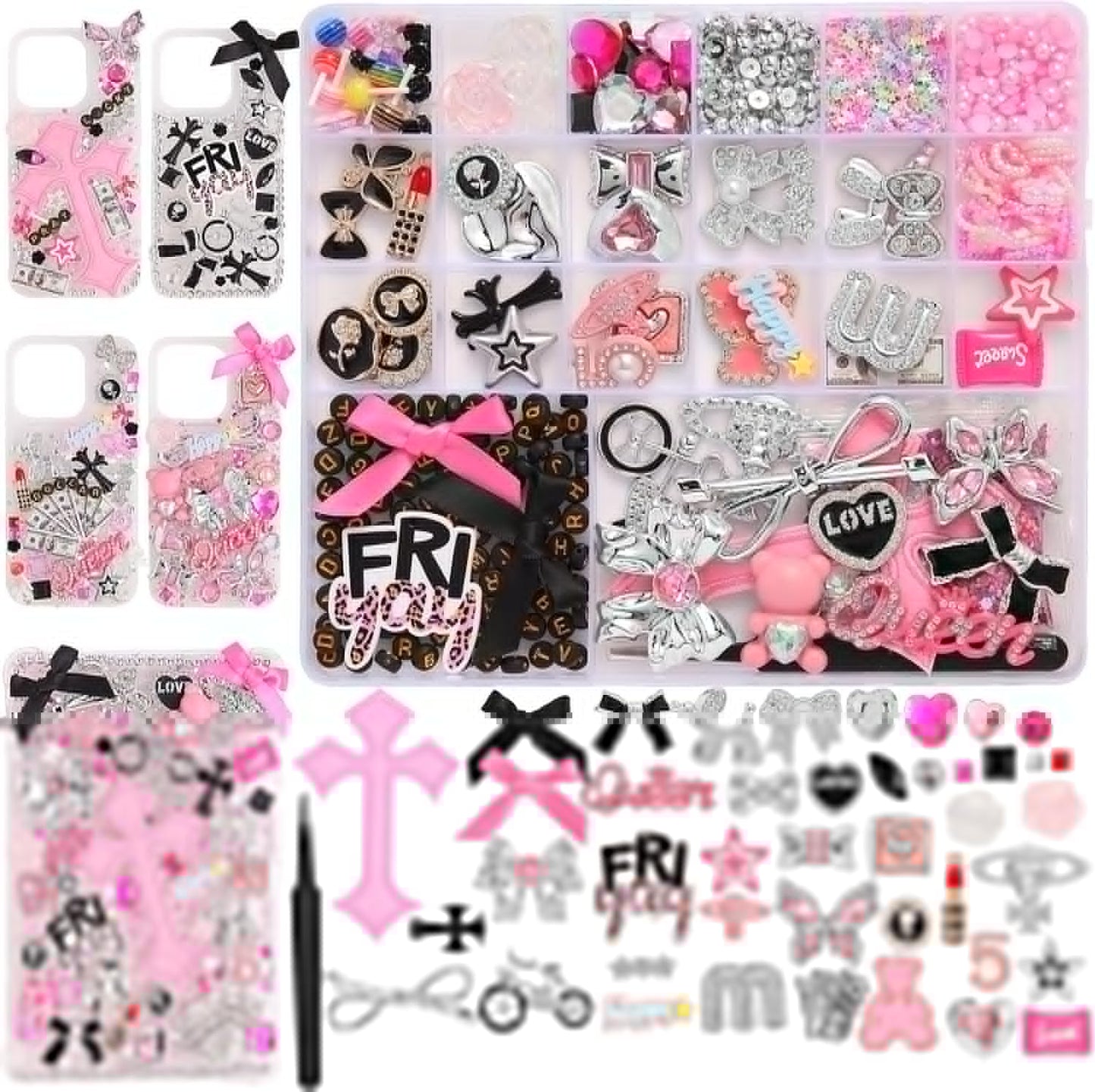 EIiovcnya 2380 Pcs Junk Phone Case Charms Kit, Charms for Customizing DIY Cases, with Nail Accessories, Cute Bow, Star, Candy, Letter Beads, Flatback Aesthetic Big Decor Easter Basket Stuffers Gift