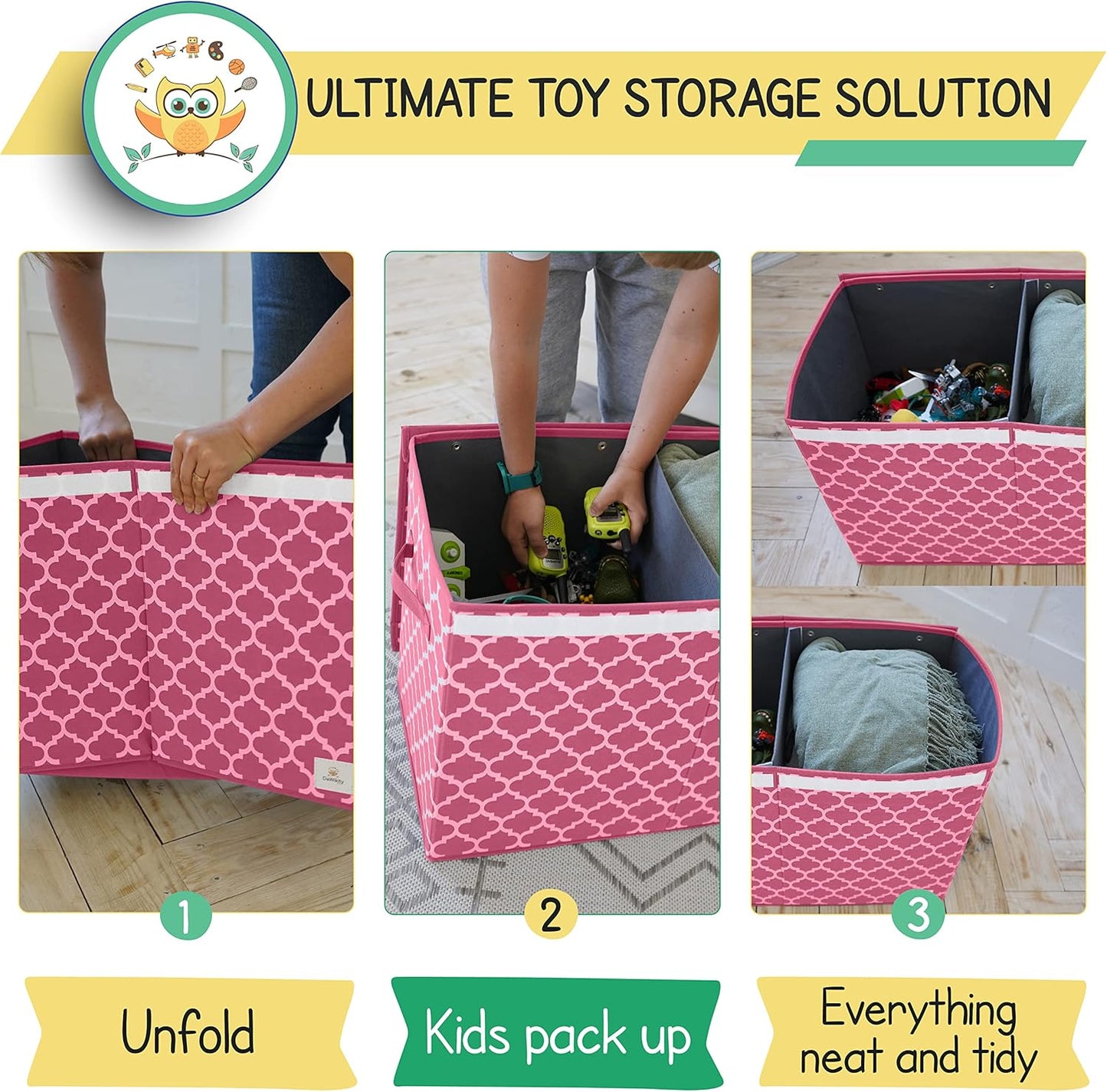 Toy Chest - Collapsible Storage Bin for Nursery, Bedroom, and Playroom - Toy Box with Lid, Hook-and-Loop Fastener - Spacious Compartment for Toddler Boys and Girls - 25"x16"x13", Pink