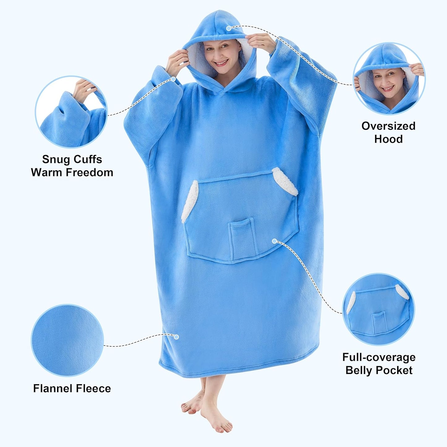 Wearable Blanket Hoodie, Birthday Christmas Gifts for Women Mom Girlfriend, Oversized Cozy and Giant Flannel Sherpa Hooded Sweatshirt Blanket with Hood Pockets & Sleeves, Extra-Long, Blue