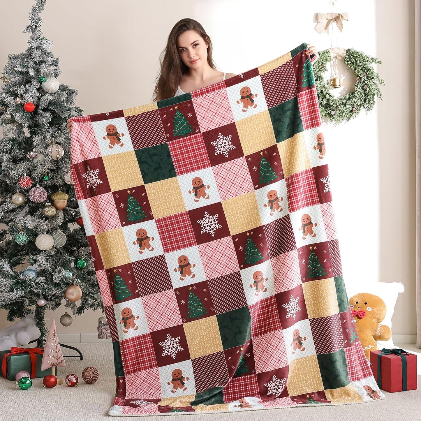 TRUEDAYS Christmas Throw Blanket 50x60 - Fluffy Sherpa Fleece Blanket for Couch & Bed, Cozy Soft Plaid Gingerbread Xmas Tree Blanket - Classic Checkered Snowflake Christmas Decor