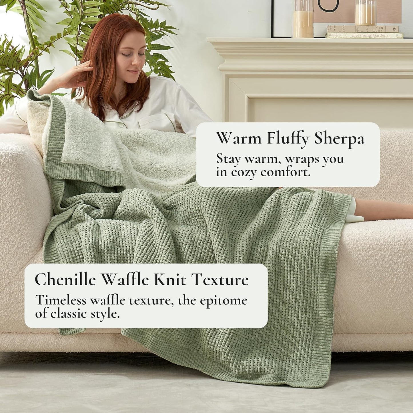 Amélie Home Reversible Waffle Weave Throw Blanket, Chenille Knit with Warm Sherpa, Soft Cozy Blanket for Couch, 50"x60", Sage Green