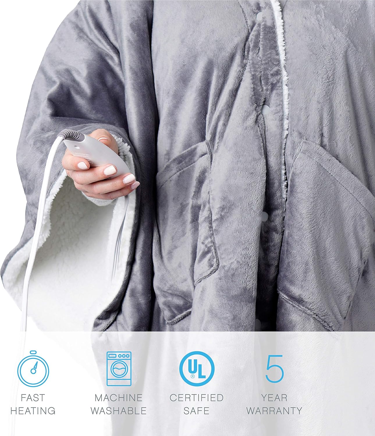 Pure Enrichment PureRelief Plush Heated Shawl - 4 InstaHeat Settings, Wearable Design with Snap Closures, Deep Pockets, Soft Micromink & Sherpa Fabric, Auto Shut-Off Timer, & Machine Washable