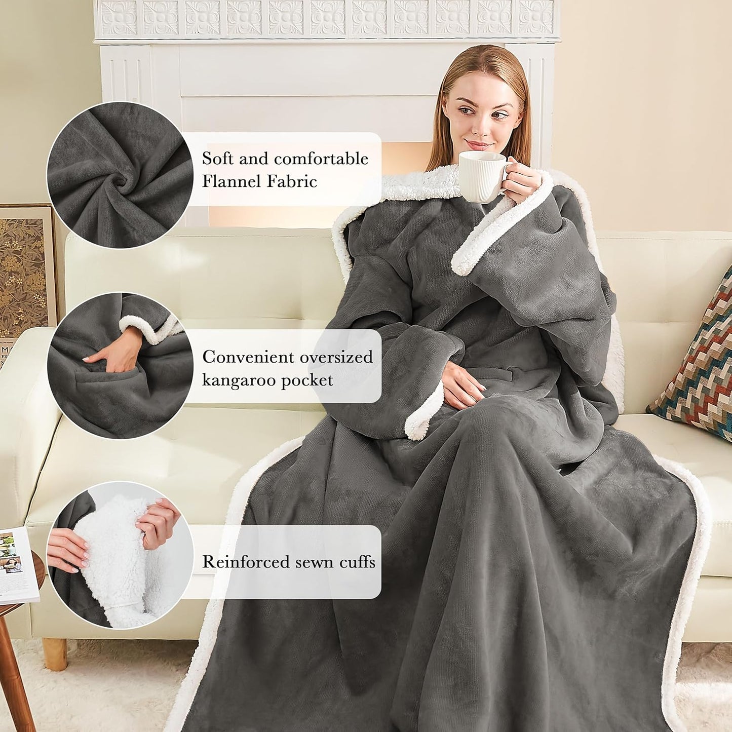 Ramees Sherpa Wearable Blanket with Sleeves and Pockets, Soft Warm TV Blanket Throw for Men and Women