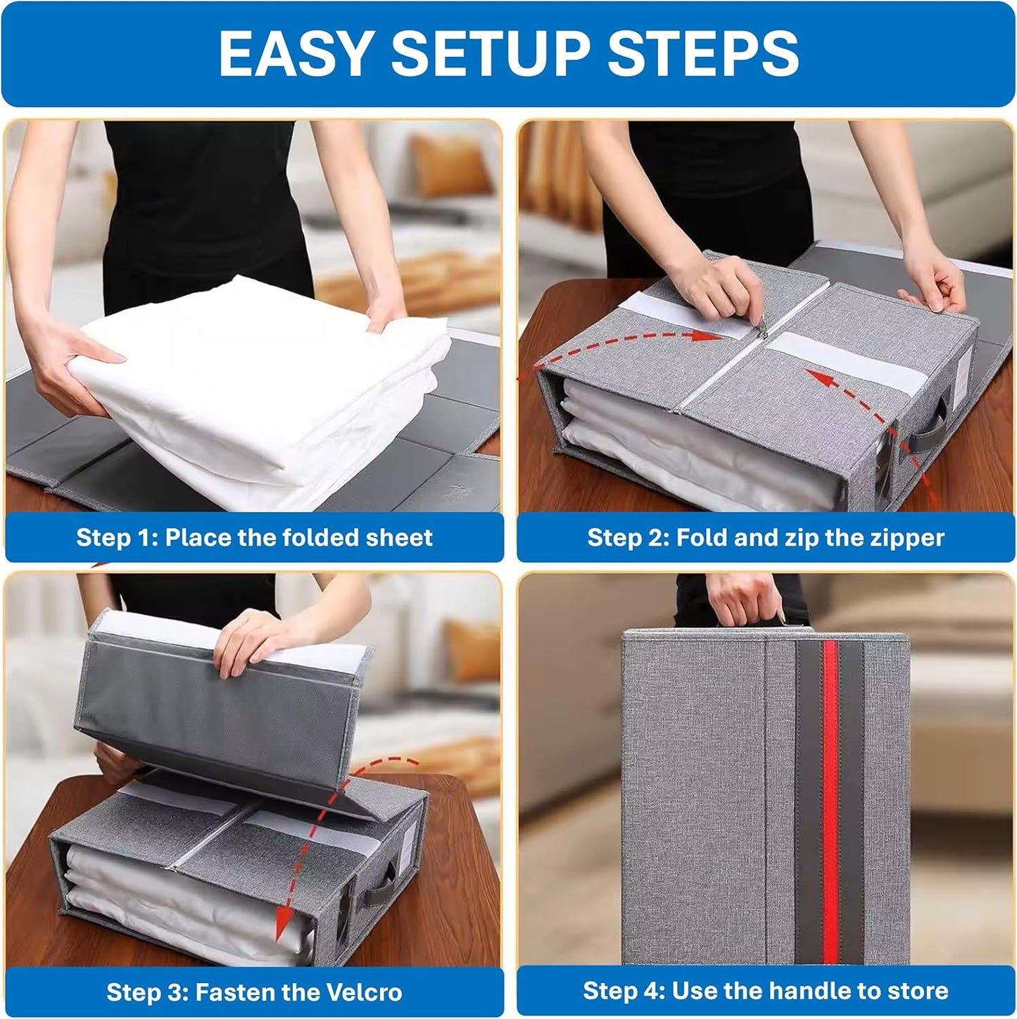 4pcs Bed Sheet Organizers and Storage | Foldable Bed Sheet Organizer Set for Linen Closet with Window, Bedding Storage Box for Bedsheets, Duvet Covers and Pillow (Queen & King Size)