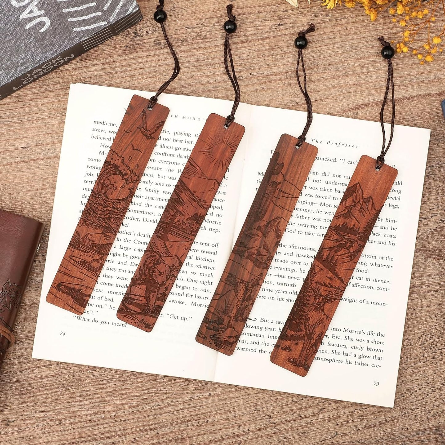 4Pcs Wood Bookmark for Men, Adventure Scenery Wooden Carving Book Mark Easter Gift for Men Book Lovers