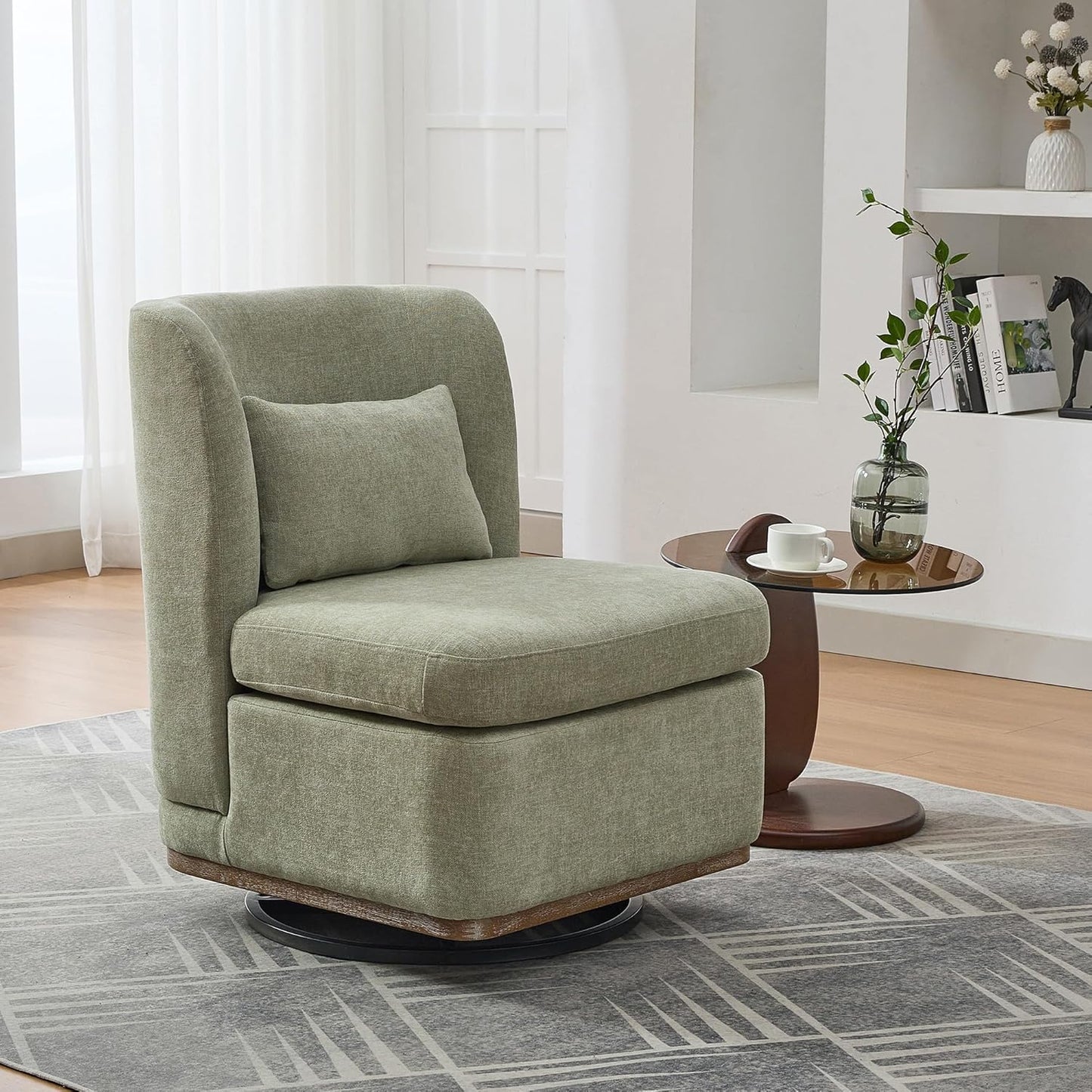 Modern Swivel Accent Chair 25.2 "Wide Chenille Upholstered Armless Sofa Chair with Pillow, 360° Swivel Reading Chair with Metal Base for Living Room Family Room Bedroom Lounge Area, Office, Pale Green