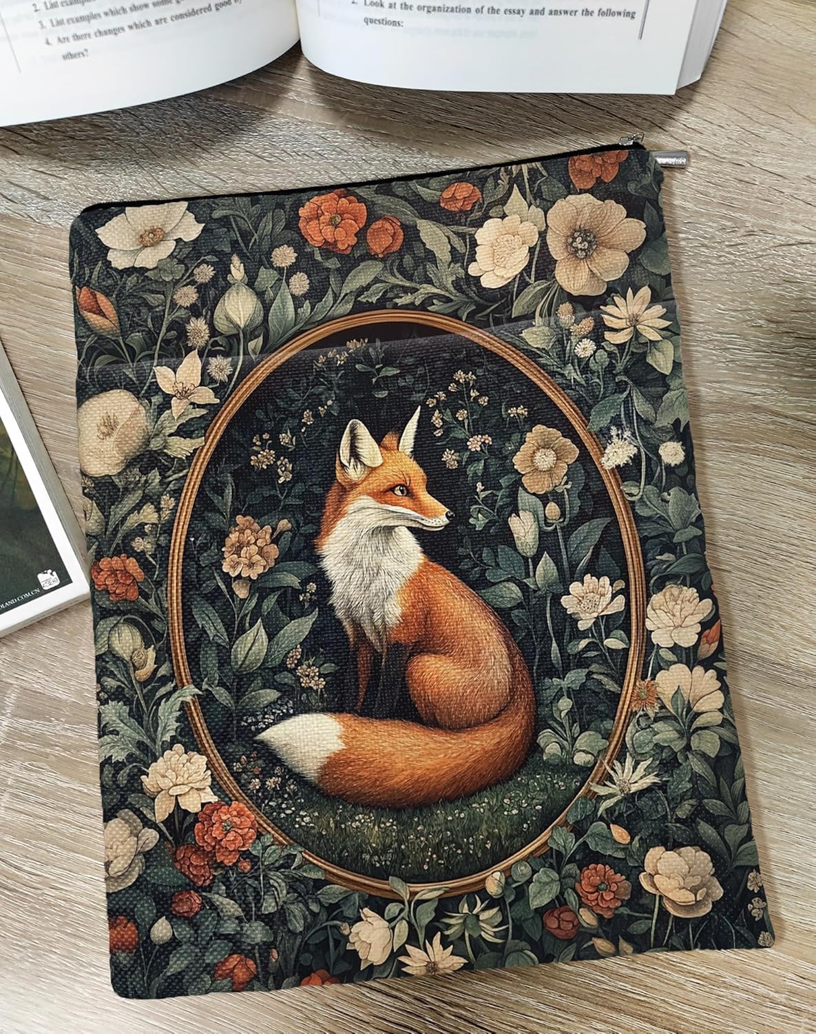 Vintage Flower Fox William Morris Book Sleeve for Book Lovers, Bookish Book Protector with Zipper, Washable Fabric Book Cover for Paperbacks & Hardcovers,11.4 x 9.1Inches (White Flower-Fox, Medium)