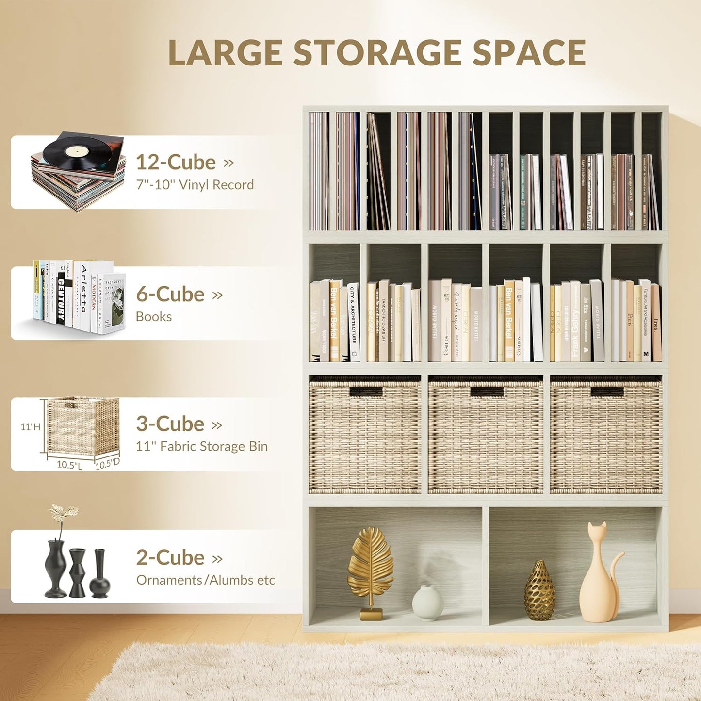 IOTXY DIY Modular Cube Bookcase - CubeXY Customizable Stackable Expandable Combination Set, 23-Cube Open Bookshelf for Books, Fabric Storage Bin, and 7/10-inch Vinyl Record Organizer, Oak