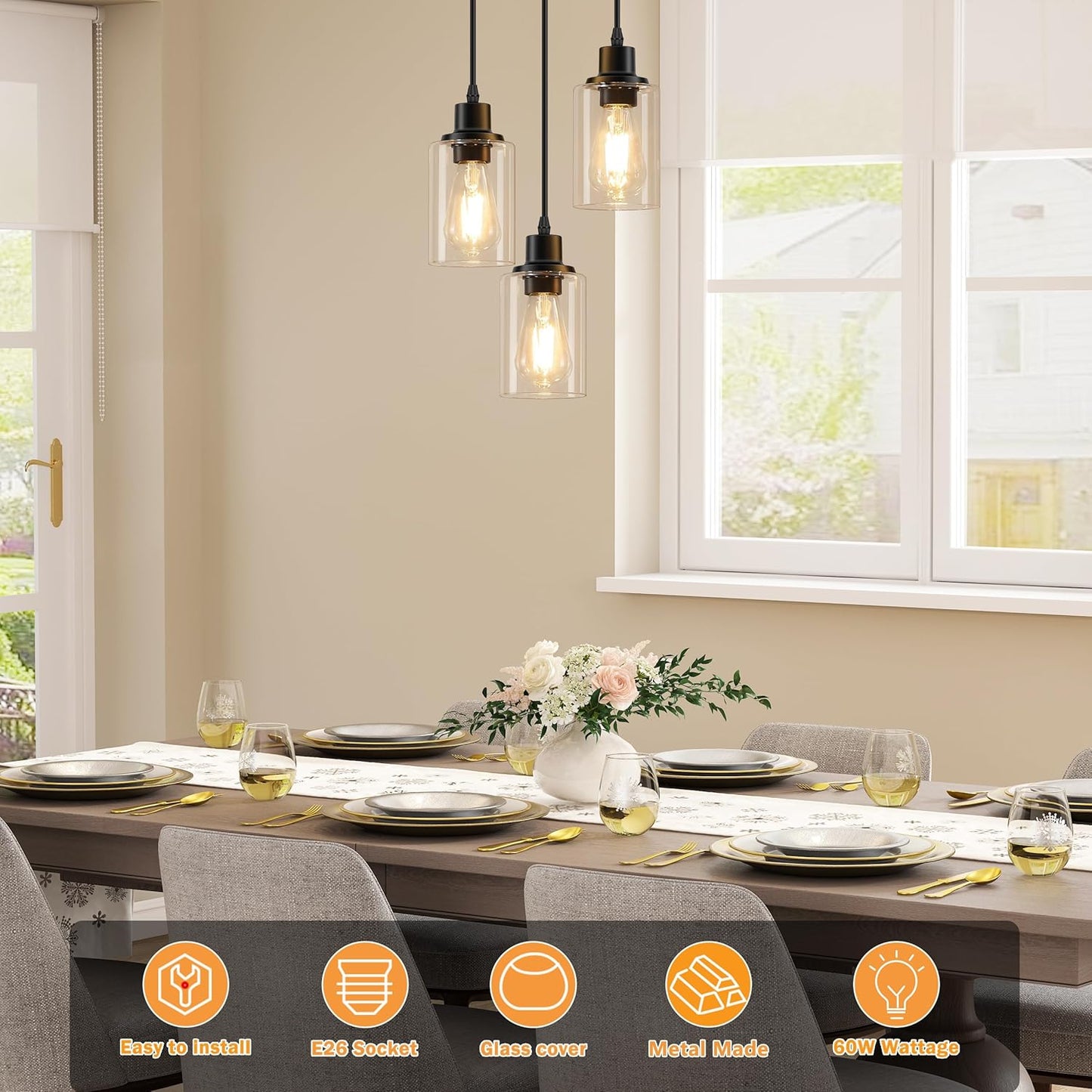 Licperron 3-Light Pendant Light Fixtures, Black Pendant Lights Kitchen Island, Adjustable Pendant Lighting with Clear Glass Shade, Modern Hanging Light Fixtures for Dining Room, Hallway, Living Room