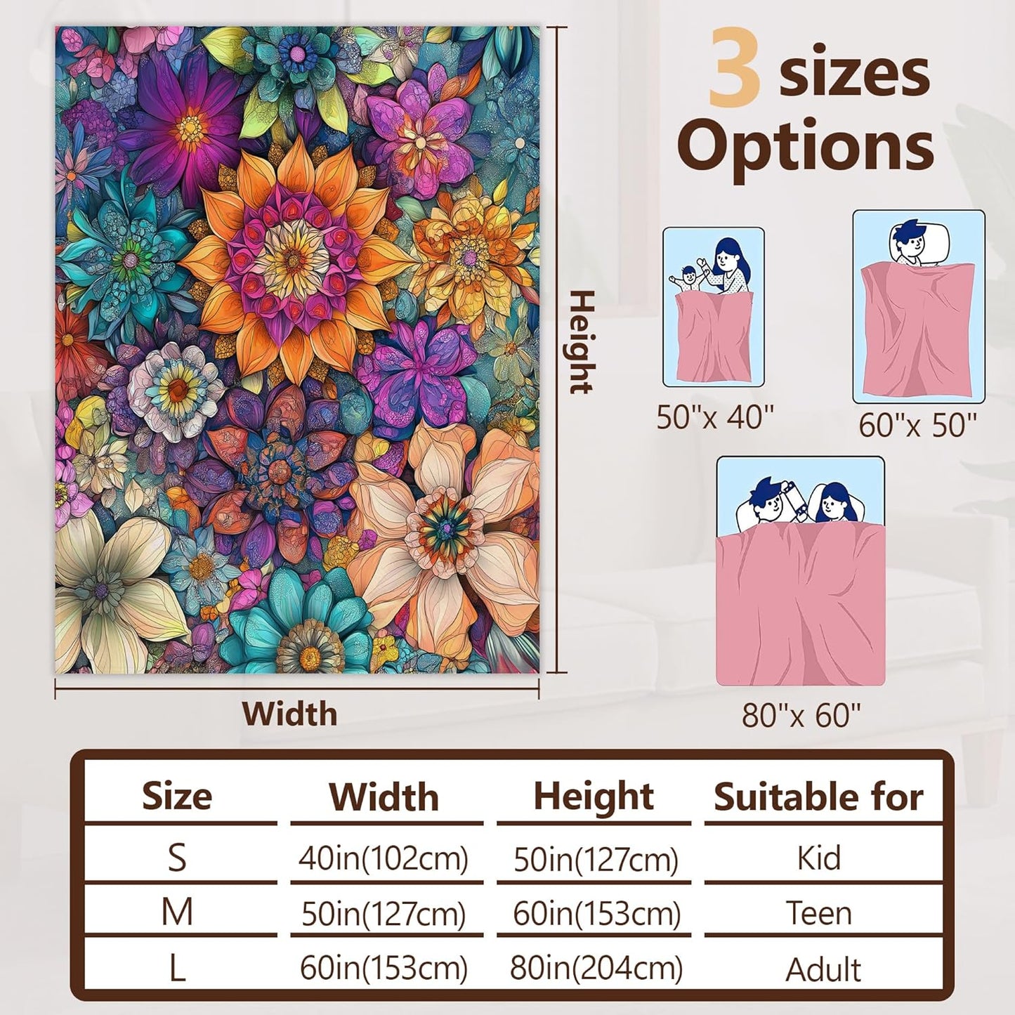 Vintage Floral Fall Throw Blanket,Ethic Flower Cozy Plush Fluffy Blanket for Living Room Decor,Lightweight Fleece Throws for Couch,Bed,Traveling,Naps,Reading,50 X 60 Inch