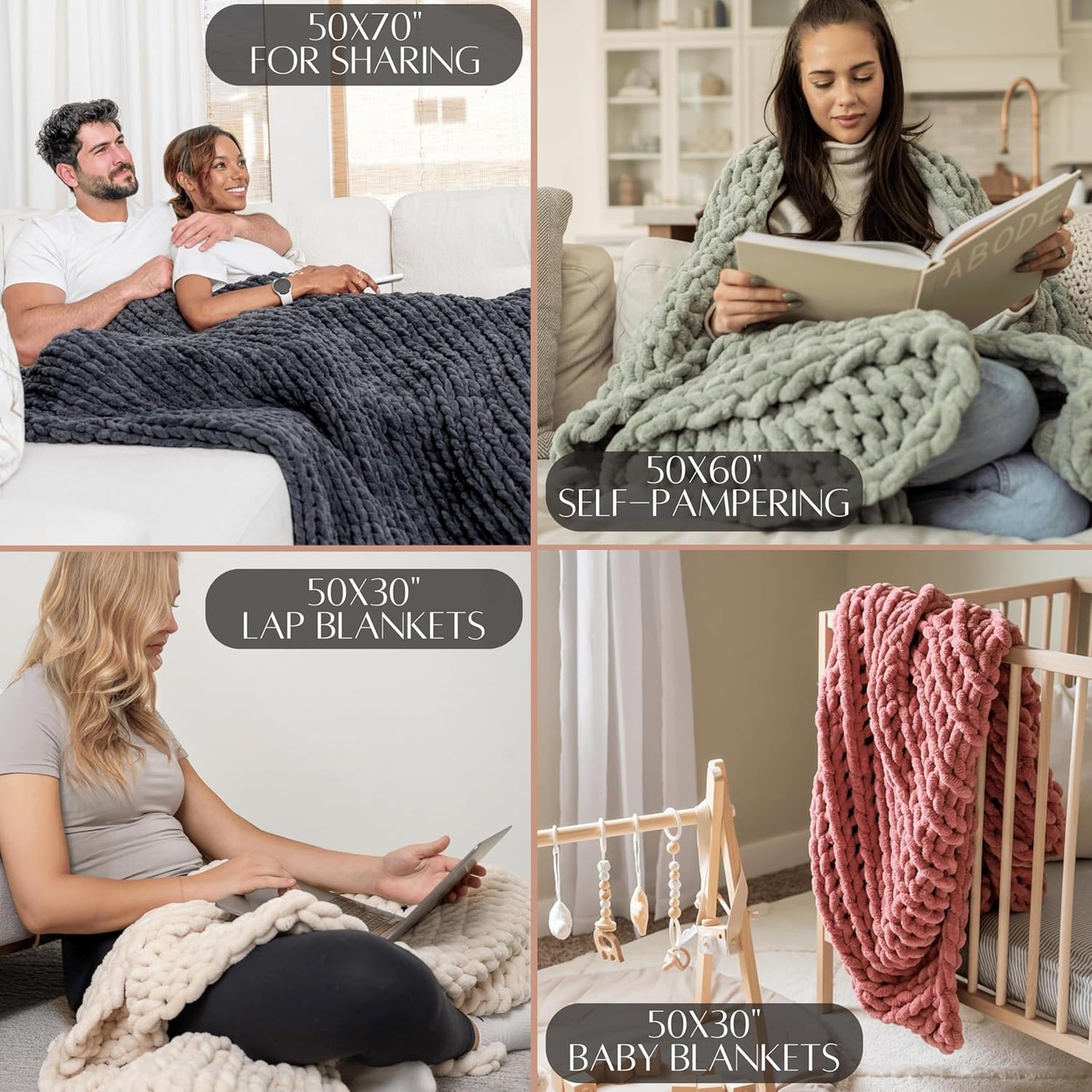 SAMIAH LUXE Chunky Knit Blanket Throw 50x70, Grey Chenille Chunky Knit Throw Blanket for Living Room Decor or Boho Decor, Thick Yarn Knitted Blankets for Couch or Bed, Cable Knitted Crochet Blankets