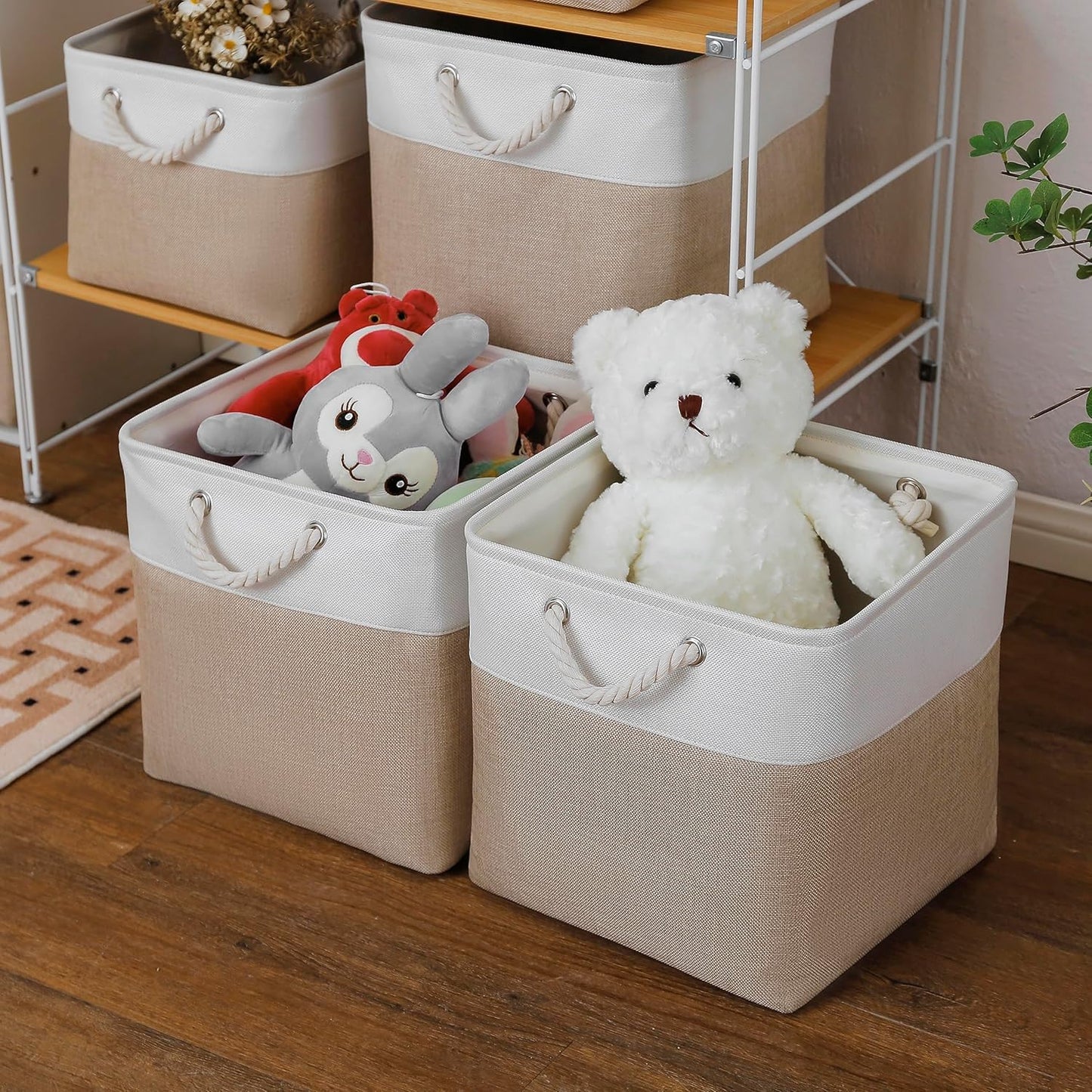 13 x 13 Inch Cube Storage Bins, 6 Pack Extra Large Collapsible Fabric Storage Bin with Ropes, Foldable Storage Cubes for Home (White & Beige-13"x13"x13")