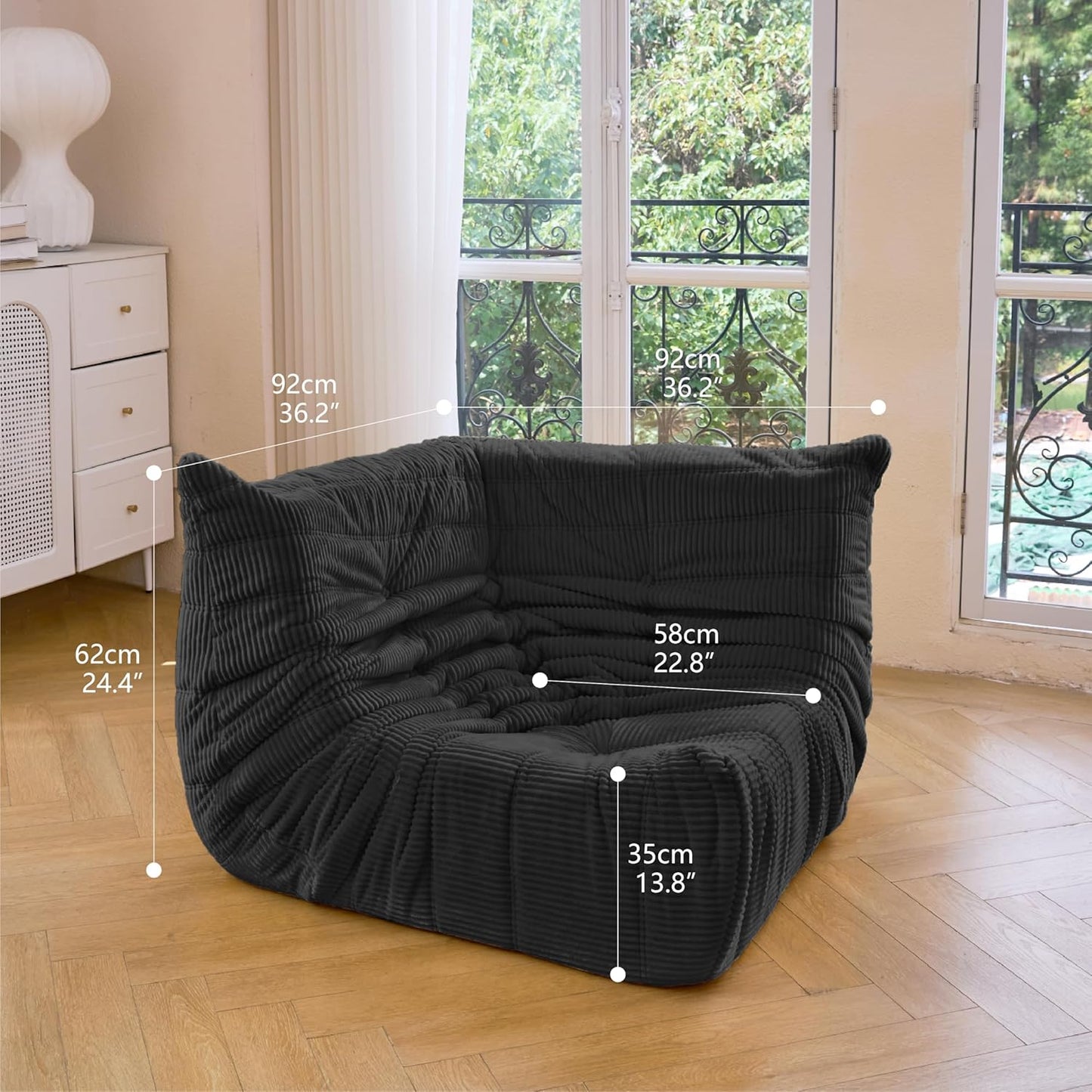 N&V Fireside Corner Chair, Mid Century Armless Floor Sofa, Soft Premium Corduroy Floor Lounge Chair, Foam Sofa Accent Chair for Living Room Bedroom and Office (Black)