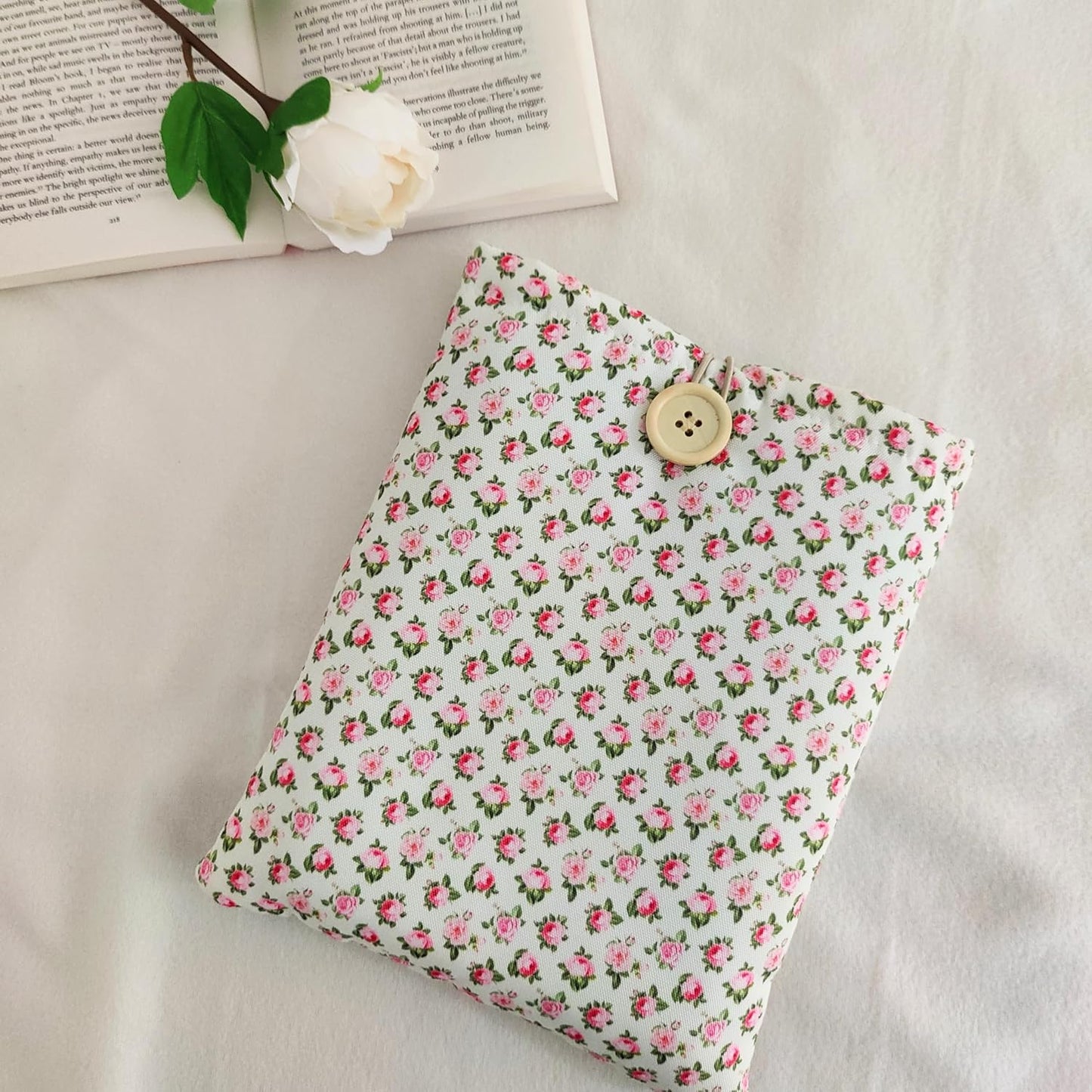 Floral Book Sleeve - Elegant Book Cover with Wooden Button, Cotton Padded Protector for Paperbacks & Hardcovers, Ideal for Book Lovers, Durable Design (White & Roses, Large)