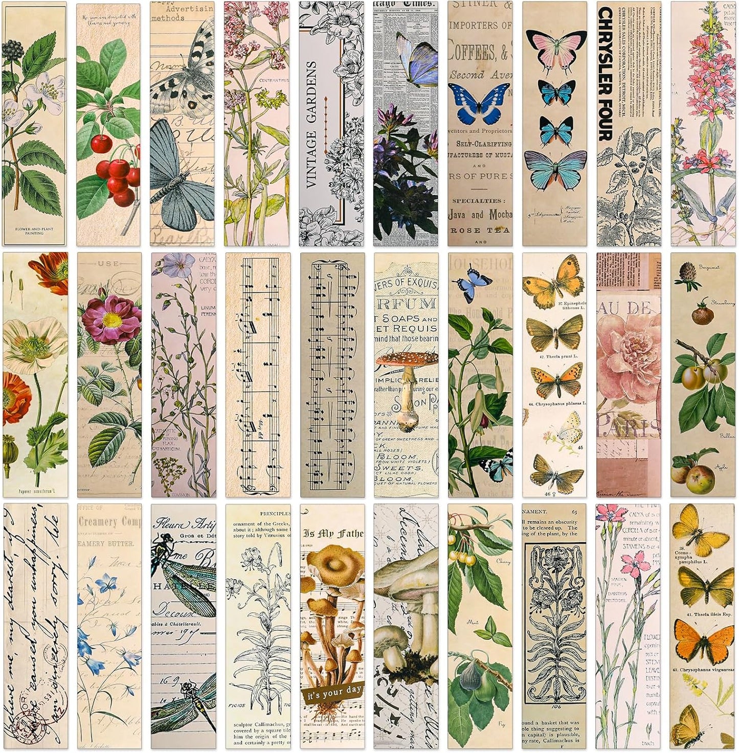 30 Pcs Vintage Paper Bookmark, Elegant Aesthetic Pattern Book Marker Natural Style Books Accessories Cute Butterfly Flower Plant Bookmarks for Women, Book Lovers