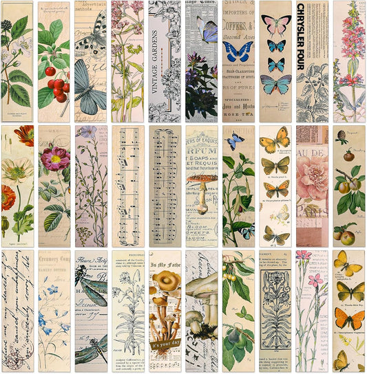 30 Pcs Vintage Paper Bookmark, Elegant Aesthetic Pattern Book Marker Natural Style Books Accessories Cute Butterfly Flower Plant Bookmarks for Women, Book Lovers