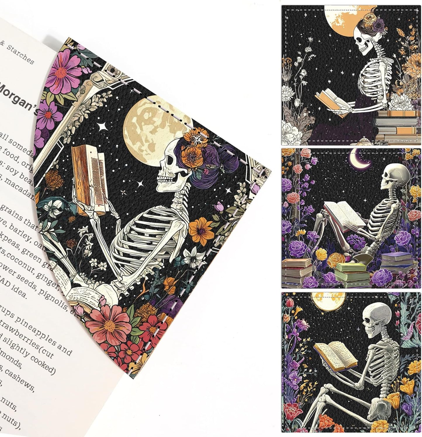 4 Pcs Gothic Skeleton Corner Bookmarks, Leather Skull Floral Book Marks for Book Lovers, Halloween Horror Book Accessories for Reading Women Men Bookworm Gifts School Office Supplies