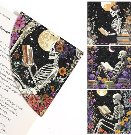 4 Pcs Gothic Skeleton Corner Bookmarks, Leather Skull Floral Book Marks for Book Lovers, Halloween Horror Book Accessories for Reading Women Men Bookworm Gifts School Office Supplies