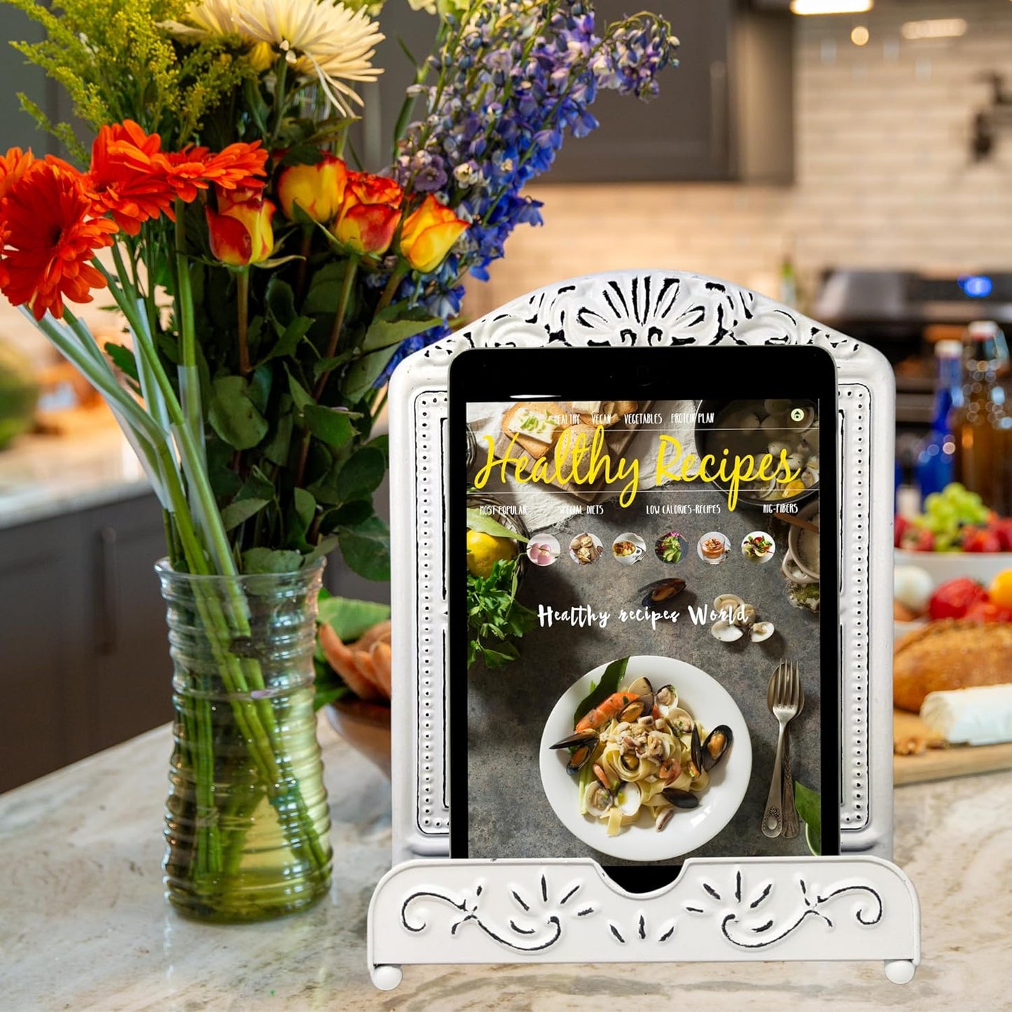 Metal Recipe Book Stand – White Ornate Cookbook Holder with Floral Design – Distressed Vintage-Style Decorative Easel for Kitchen, Farmhouse Decor, Counter Display – Great Gift for Moms & Cooks