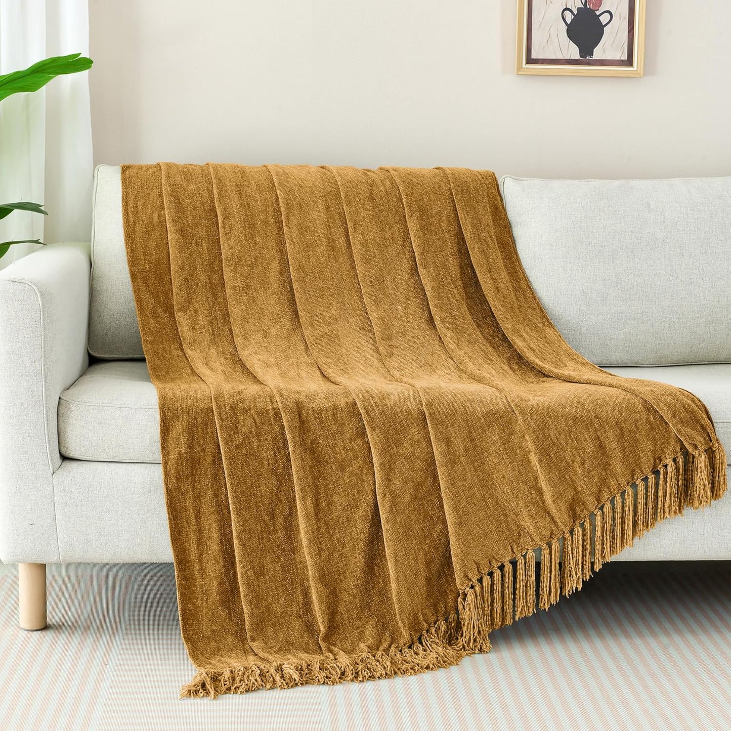 Chenille Throw Blanket for Couch with Tassels,60"X80" Soft Cozy Lightweight Knitted Boho Decorative Blankets for Bed and Sofa,Yellow
