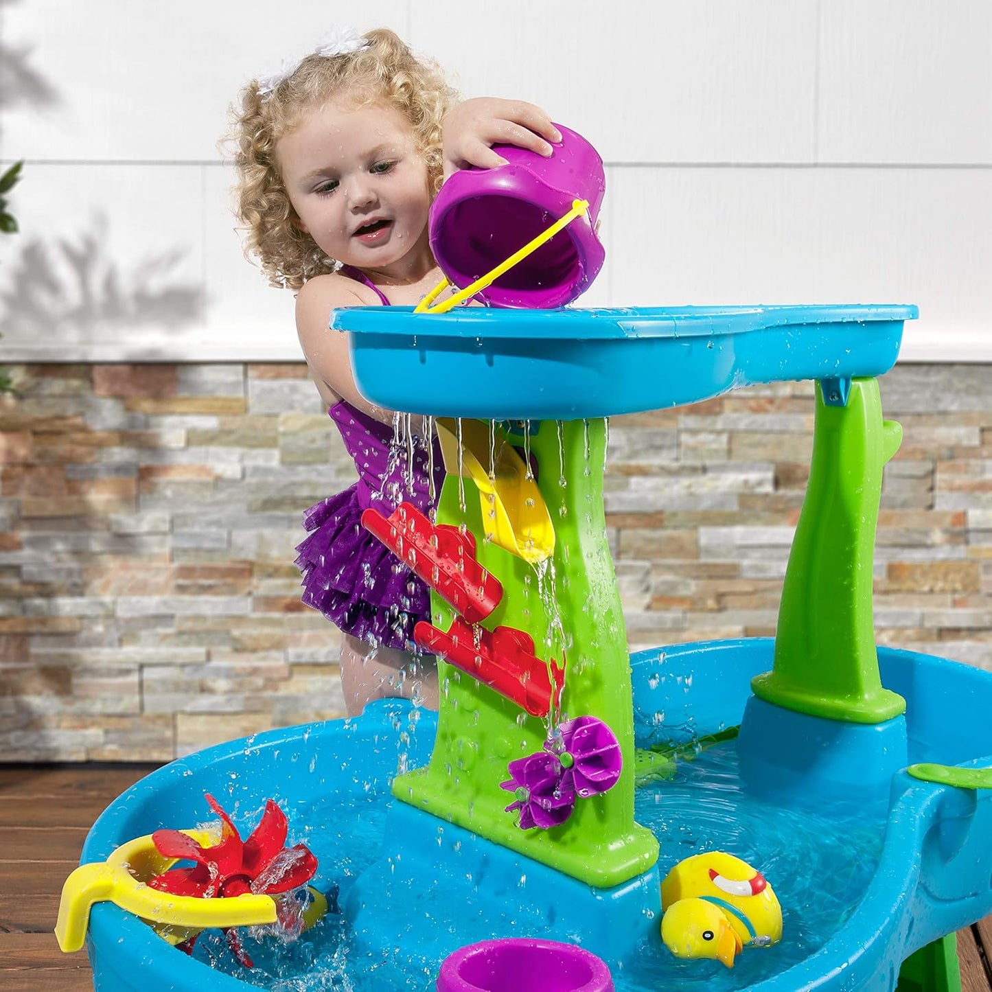 Step2 Rain Showers Splash Pond Water Table, Kids Water and Sand Activity Sensory Playset, Summer Outdoor Toys, 13 Piece Water Toy Accessories, For Toddlers 1.5+ Years Old, Blue & Green