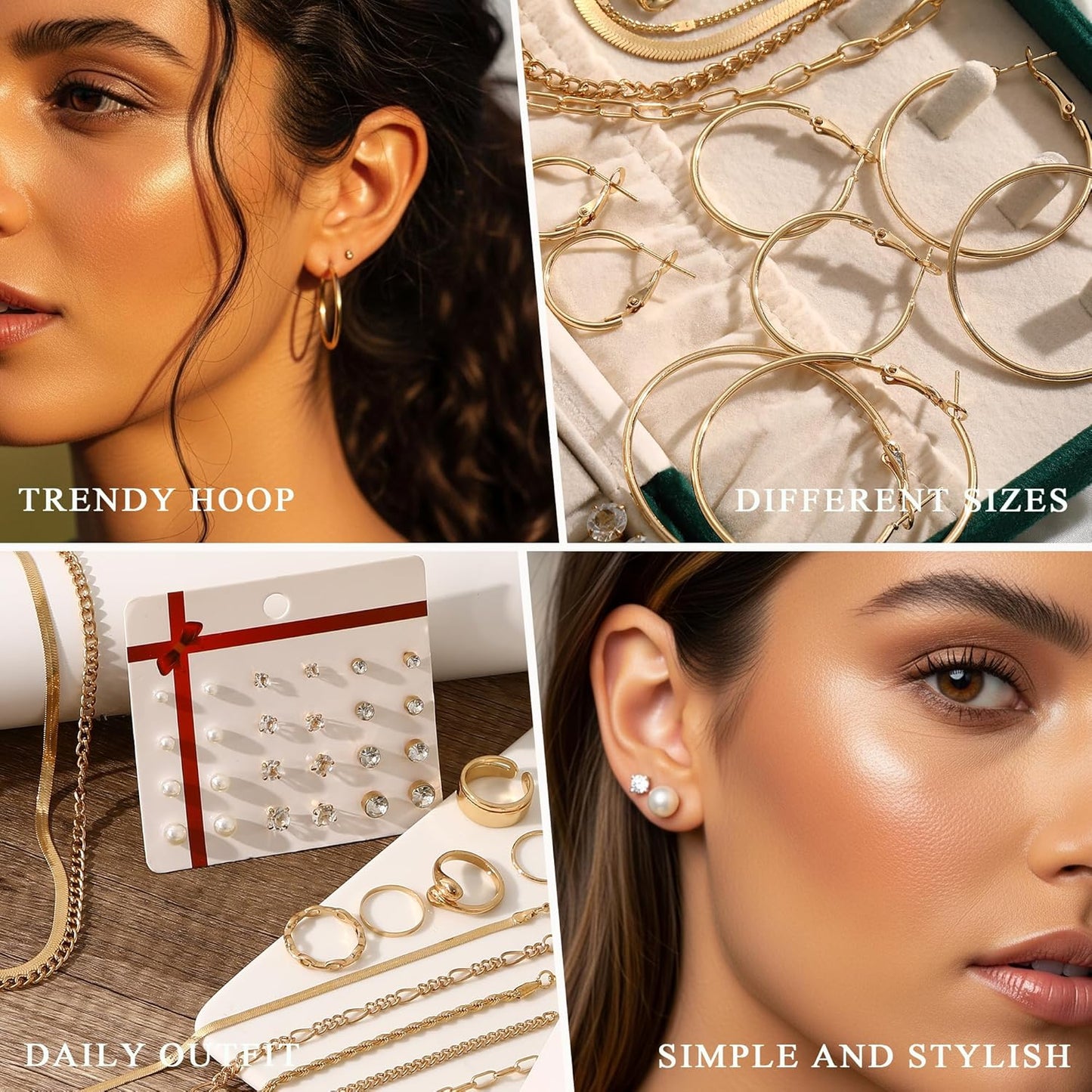 YEEZII 56 Pcs Gold Jewelry Set for Women with 5Pcs Layered Necklace, 5Pcs Layered Necklace, 12 Bracelets, 4 Hoop Earrings, 8 Stackable Rings, 10 hairpins, 12 Studs Earrings Jewerly set for Women