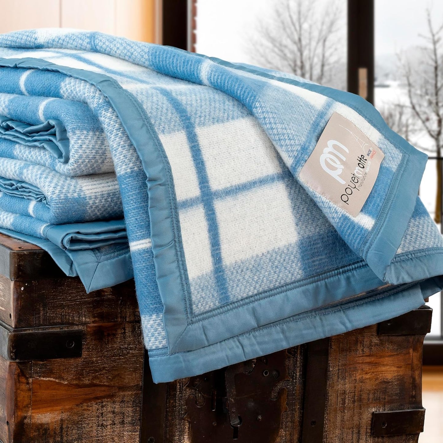 Poyet Motte Rivoli Solid 400GSM 100% Virgin Wool Blanket, Medium/Heavy Weight, Machine Washable (Blue/Natural Plaid, Twin Size)