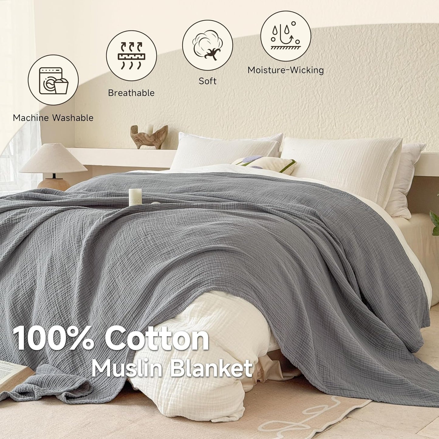 Simple&Opulence 100% Cotton Muslin Blanket King Size, Lightweight Breathable 4 Layering Gauze Blanket for Bed Couch Camping, Soft Bedspread Coverlet All-Season Use (Grey, 104" x 92")