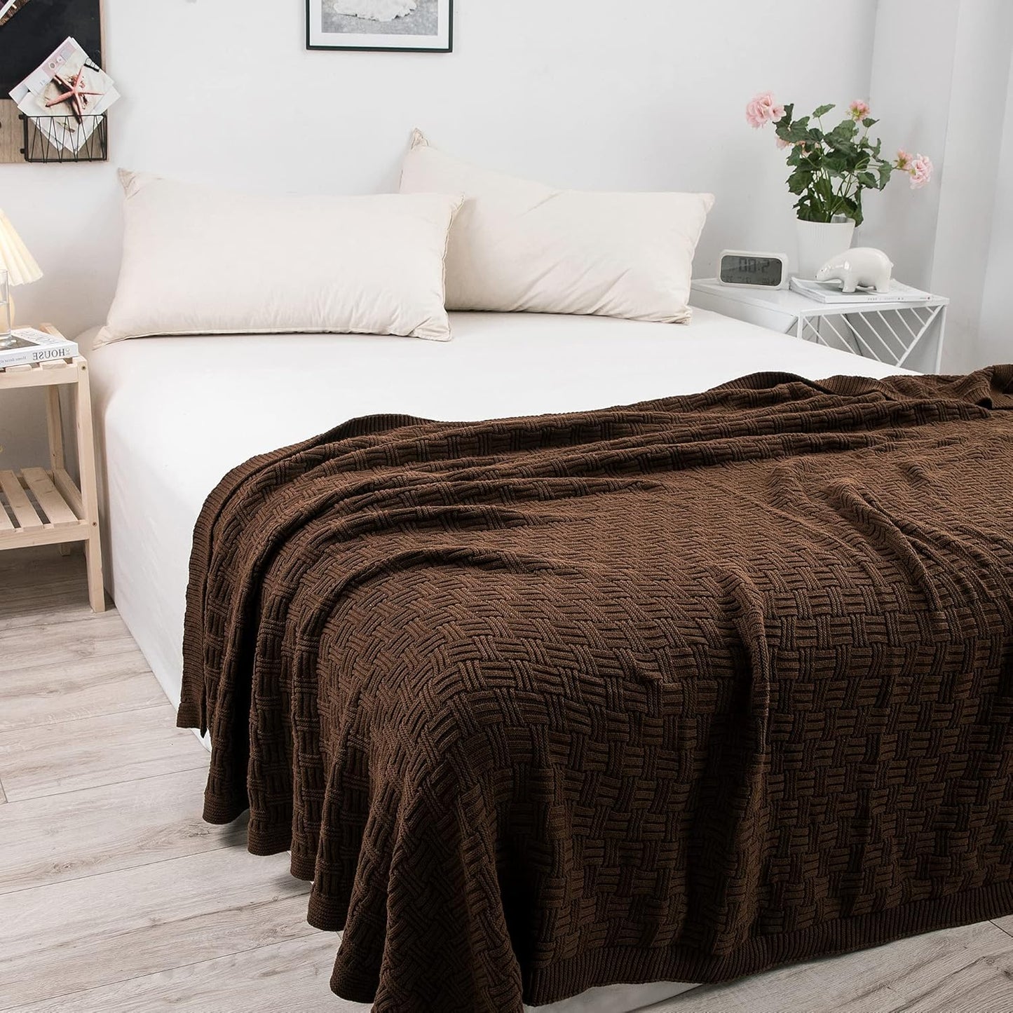 Dark Brown Cotton Knit Throw Blanket for Couch Sofa Bed - Home Decorative Soft Cozy Sweater Woven Fall Cable Knitted Blankets - 2.2 pounds 50 x 60 Inch
