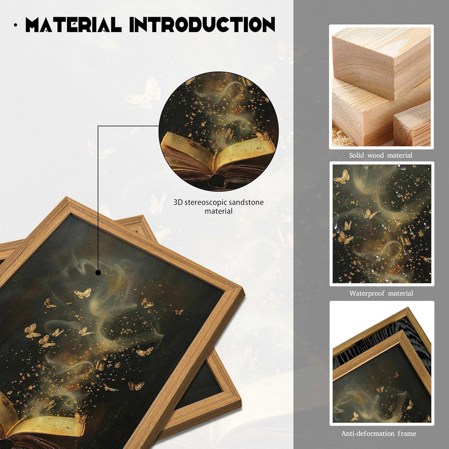 Framed 3D Textured Book Wall Art, Vintage Gold Moody Victorian Bookish Wall Decor Picture, Dark Academia Reading Butterfly Sandstone Painting for Library Bedroom Bookstore 16x24 Inch