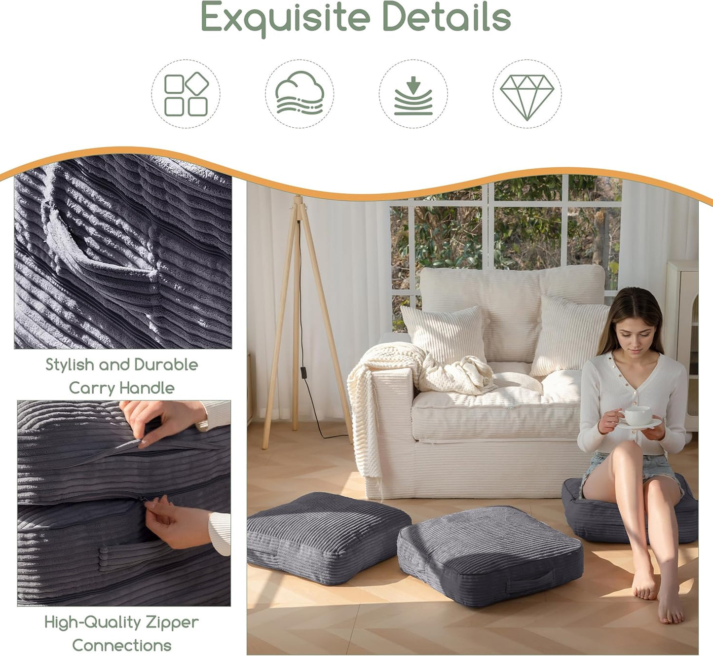 HIGOGOGO Pouf Ottoman Stuffed Square Modern Foam Filled Foot Rest Poufs 20 X 18 Inches Modular Ottomans Separated Into Floor Cushions for Living Room Chair Decorative Stool, Dark Grey