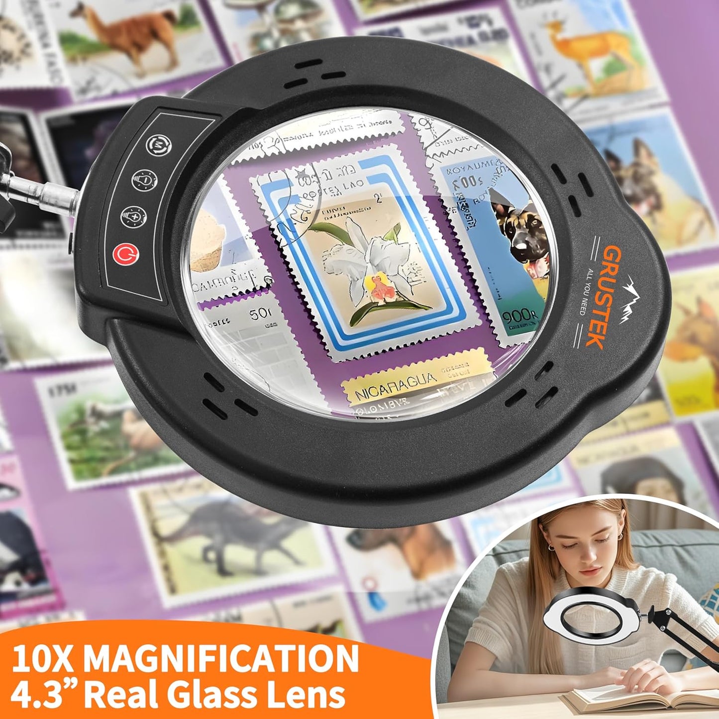 10X Magnifying Glass with Light and Stand, 84 LEDs 2 in 1 Magnifier Lamp with Clamp and 5 Color Stepless Dimmable Modes for Hands Free Reading Sewing Crafts Repair and Close Work