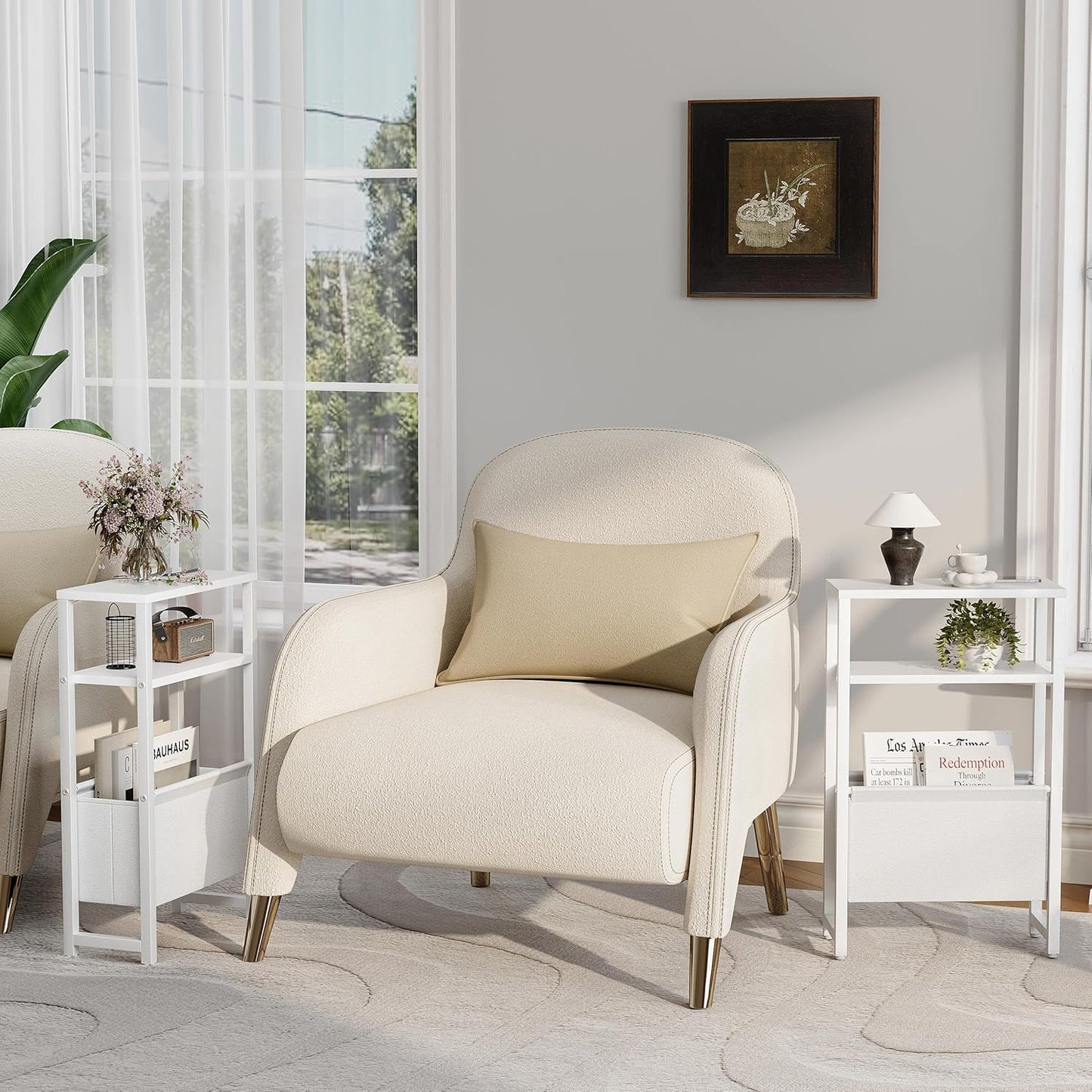 Narrow Side Table, Slim End Table with Magazine Rack, Bedside Table for Small Spaces, 3 Tier Sofa Couch Table Nightstand for Living Room, Bedroom, White LET503W