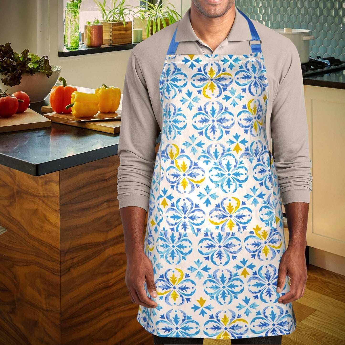 100% Cotton Kitchen Printed Apron with Pocket and Adjustable Neck with Long Ties Apron 25" X 31" for Women Men Chef Cooking, Baking, Gardening.