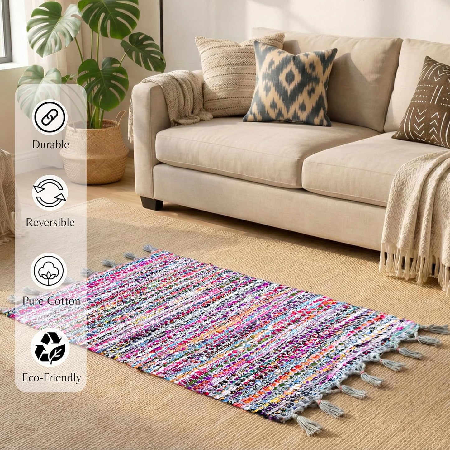 100% Cotton Rag Rug 24x36 - Multicolor Chindi Rug - Hand Woven & Reversible for Living Room Kitchen Entryway Rug -Multi Color