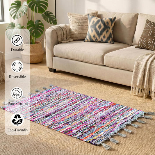 100% Cotton Rag Rug 24x36 - Multicolor Chindi Rug - Hand Woven & Reversible for Living Room Kitchen Entryway Rug -Multi Color