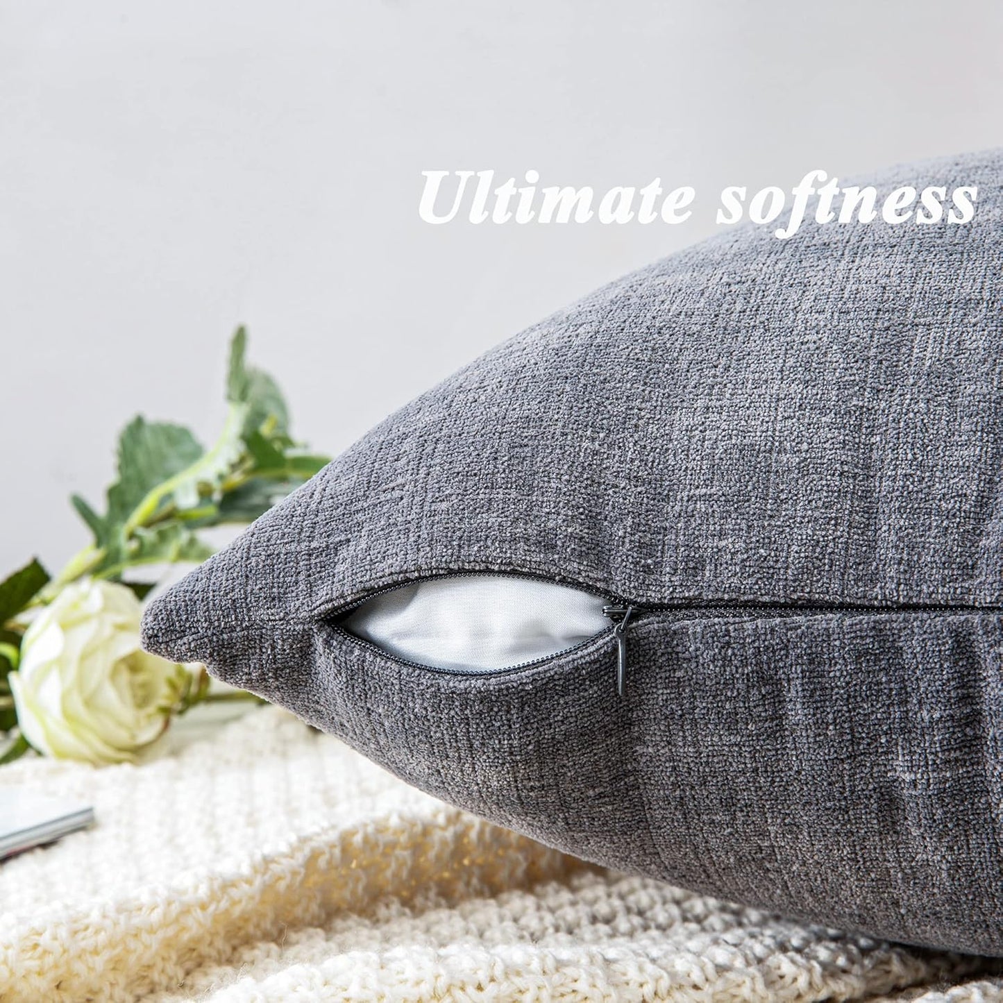 GAWAMAY Lumbar Support Pillow Decorative Rectangle Throw Pillow Covers 12"x20" Inch Set of 2, Soft Chenille Fall Pillowcase for Living Room Bedroom Sofa Couch Cushion Cover Grey 30x50cm (No Insert)