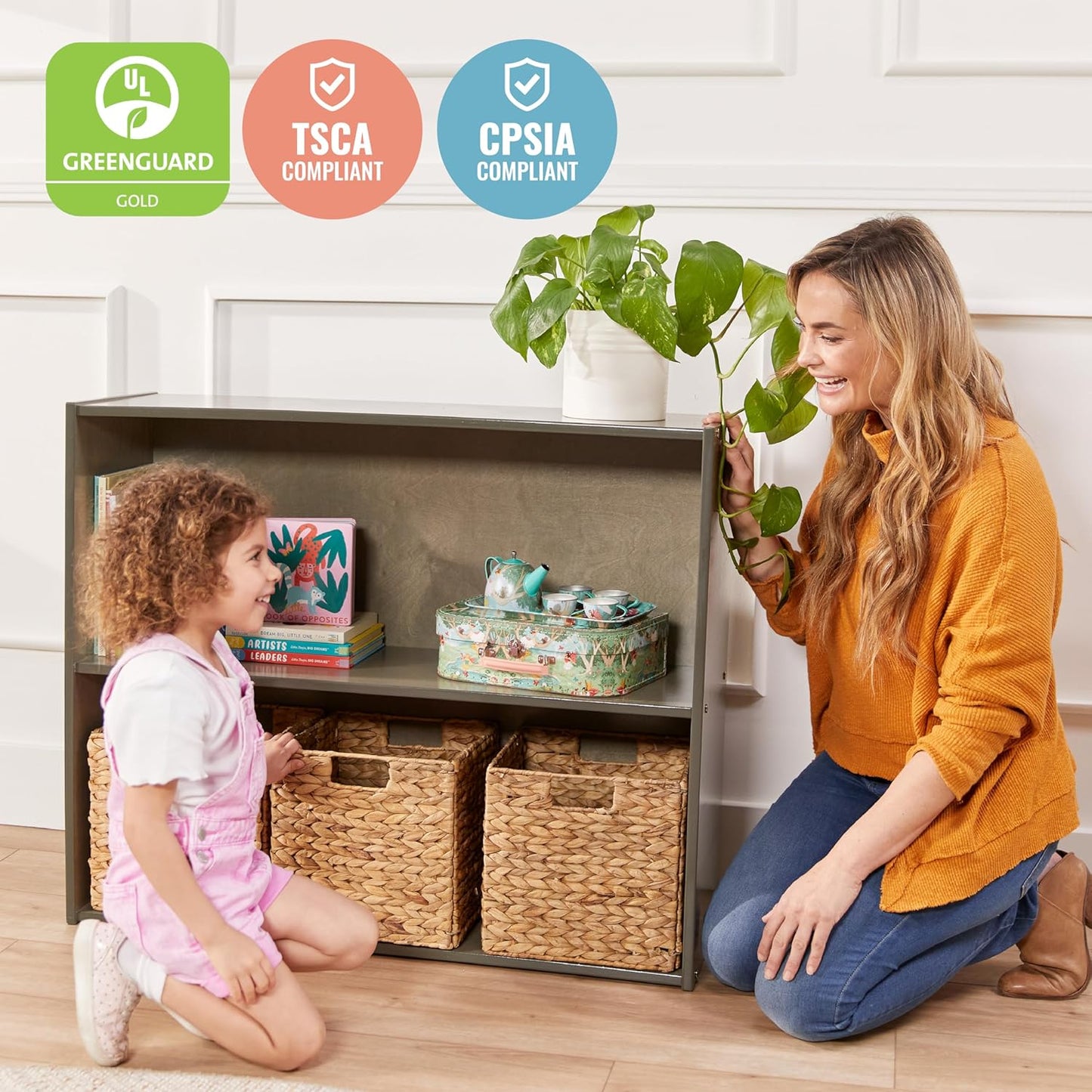 ECR4Kids Streamline 2-Shelf Storage Cabinet, 30in, Kid's Bookshelf, Grey Wash