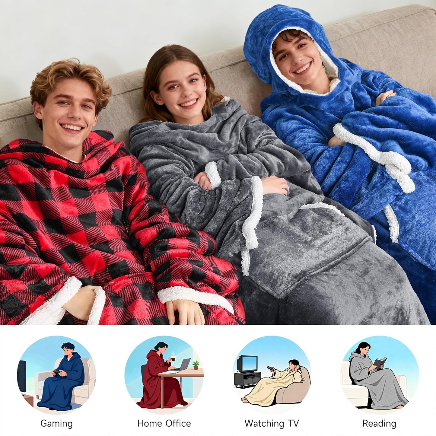 Tirrinia Hooded Wearable Blanket with Sleeves, Full Body Throw Reading Wrap TV Blankets, Cozy Flannel Blanket Robe, Snuggle Gift for Adult Women Men Mom Grandma