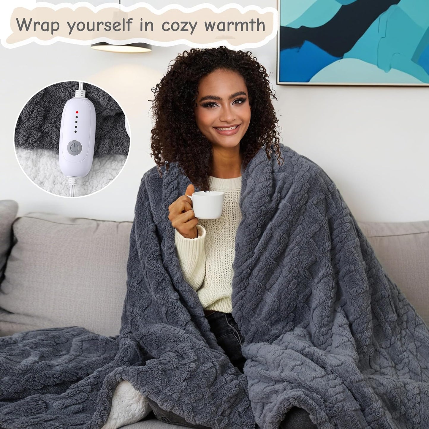 Electric Heated Blanket Throw Size 50"x60", Ultra Soft Sherpa Fleece, 5 Heat Levels & 3-Hour Auto-Off, Fast Heating for Cozy Winter Comfort, Dark Gray