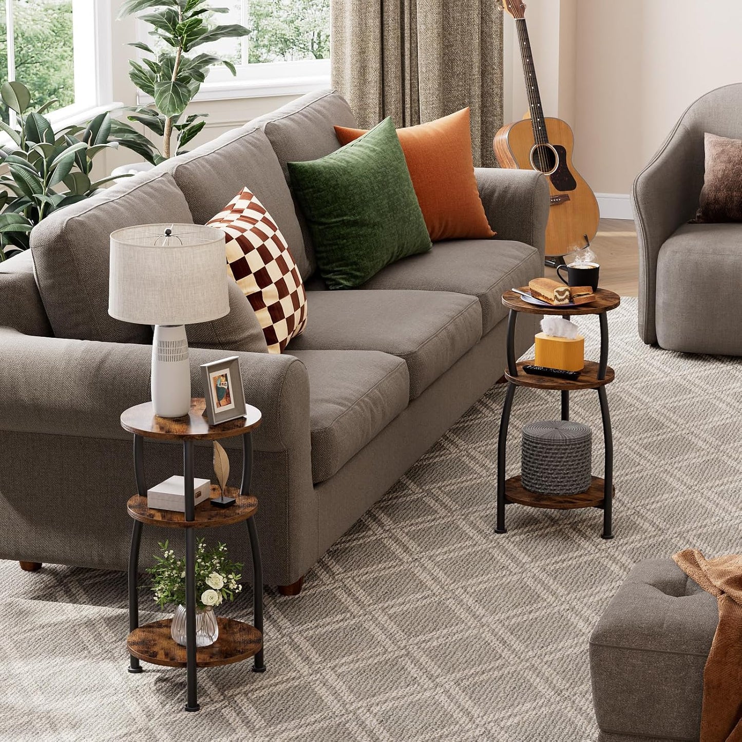 Small Round Side Table, 3-Tier End Table with Storage Shelf, Slim Coffee Table for Small Spaces, Industrial Sofa Table for Narrow Gaps in Living Room & Bedroom, Rustic Brown