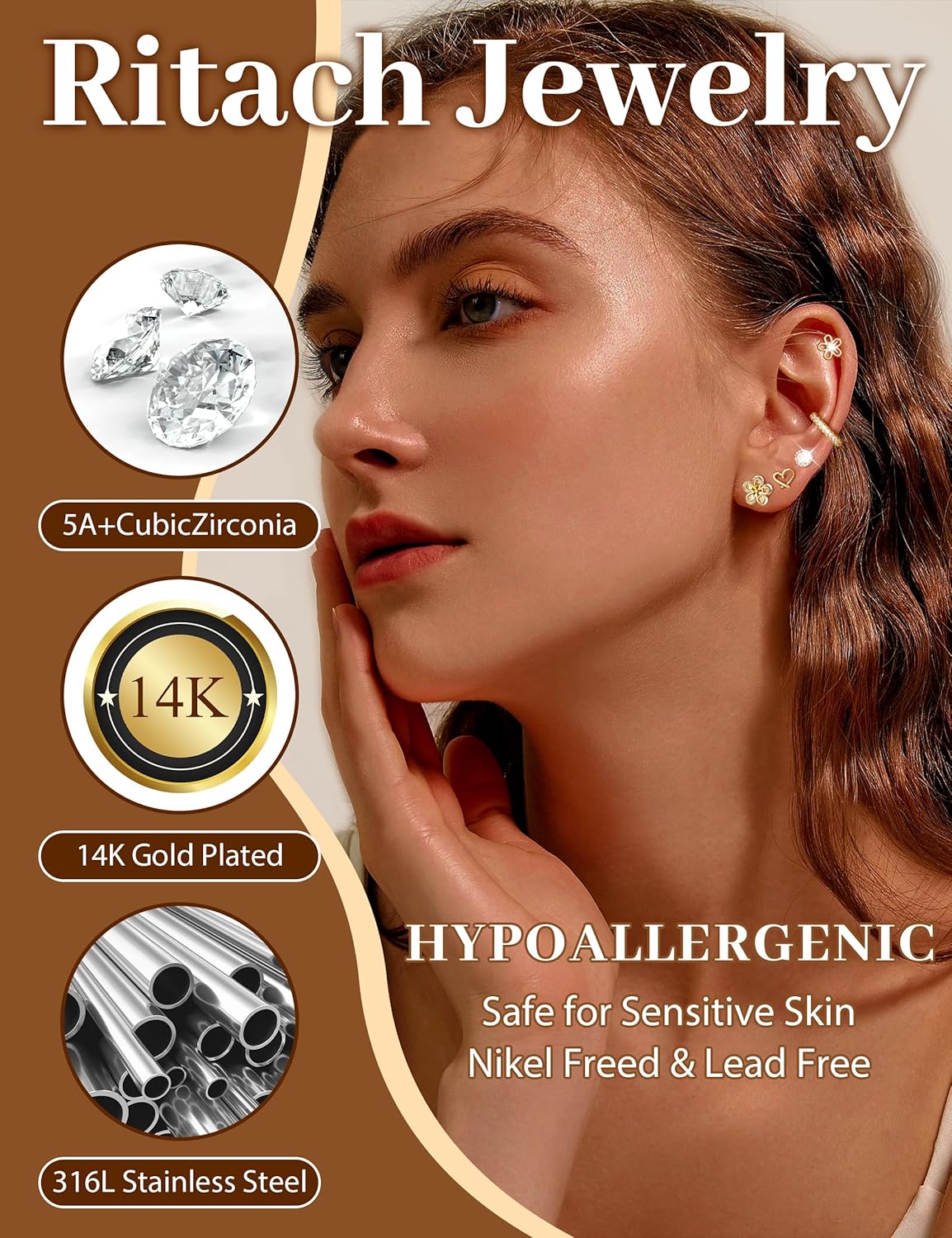 Small Gold Stud Earrings Set for Women - 14K Gold Plated CZ Huggie Hoops Hypoallergenic Earrings Dainty Flower Heart Stud Earrings for Jewelry Gift