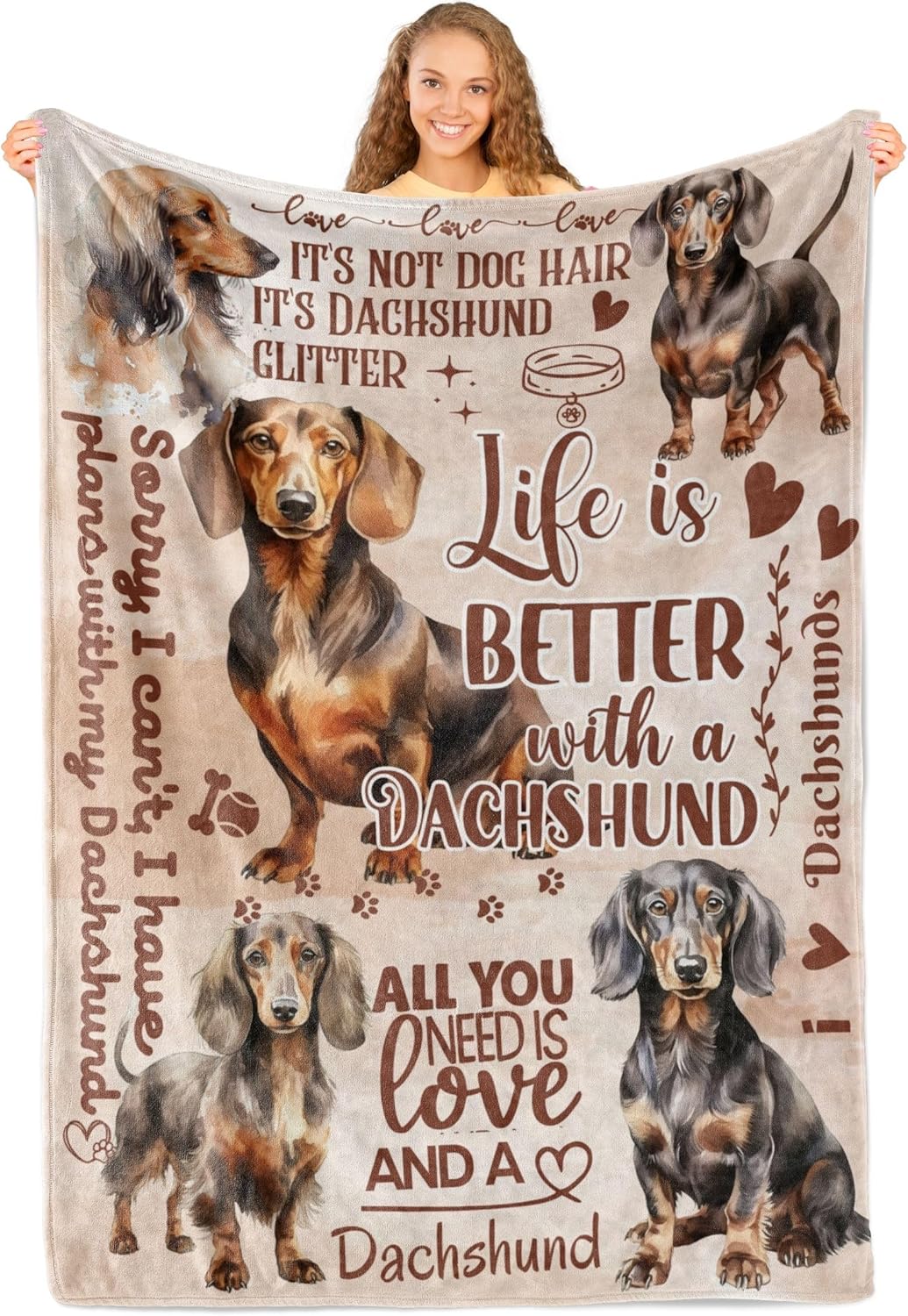 Dachshund Gifts for Women, Weiner Weenie Flannel Throw Blanket for Dog Mom Dad Owner, Beige, 50x65 Inches