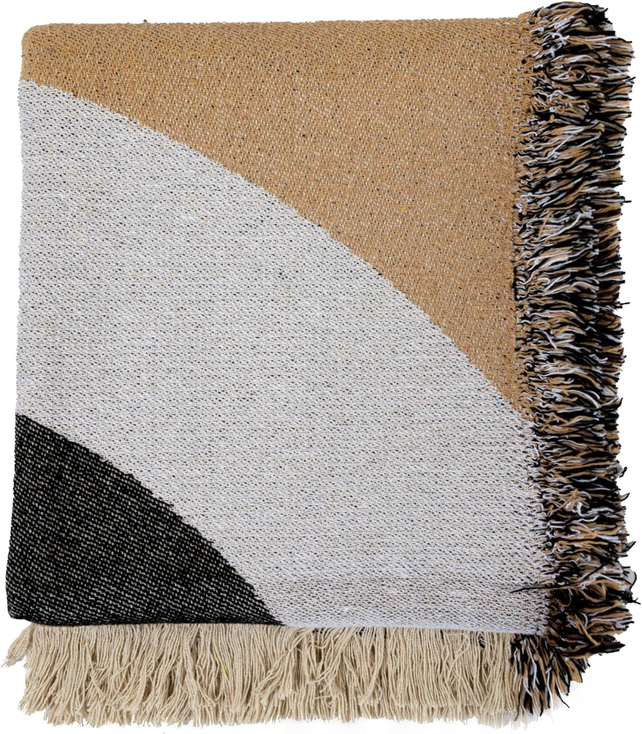 Modern Recycled Cotton Throw Blanket with Print and Fringe, Multicolor