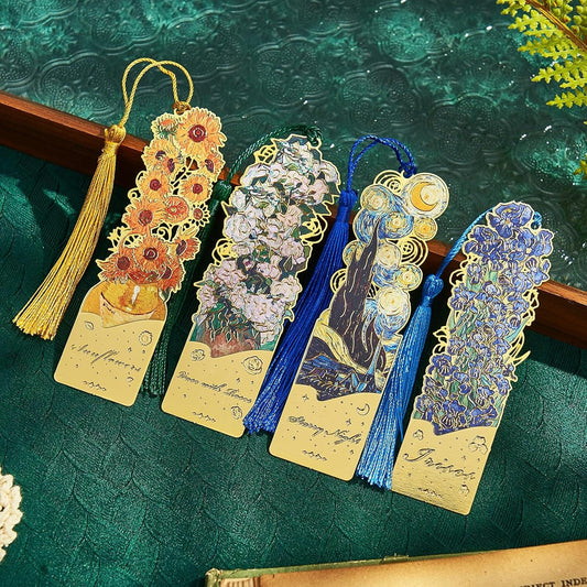 8psc Metal Bookmarks with Tassel, Vintage Van Gogh Book Marks for Reading Women Men Teen, Book Lovers Gift