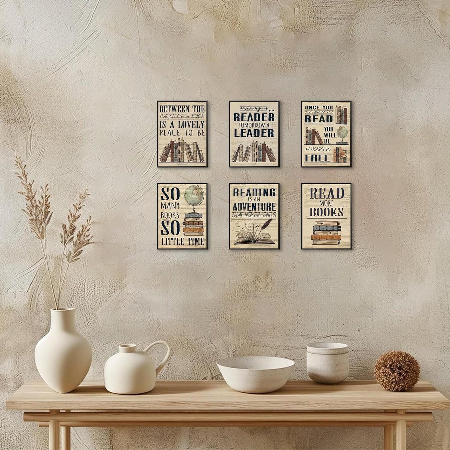 6 Piece Vintage Reading Quote Wall Art Prints, Retro Book Lover Canvas Posters with Inspirational Library Quotes, Rustic Literary Artwork for Classroom Study Office Living Room Home Decor 8x10 inch Unframed