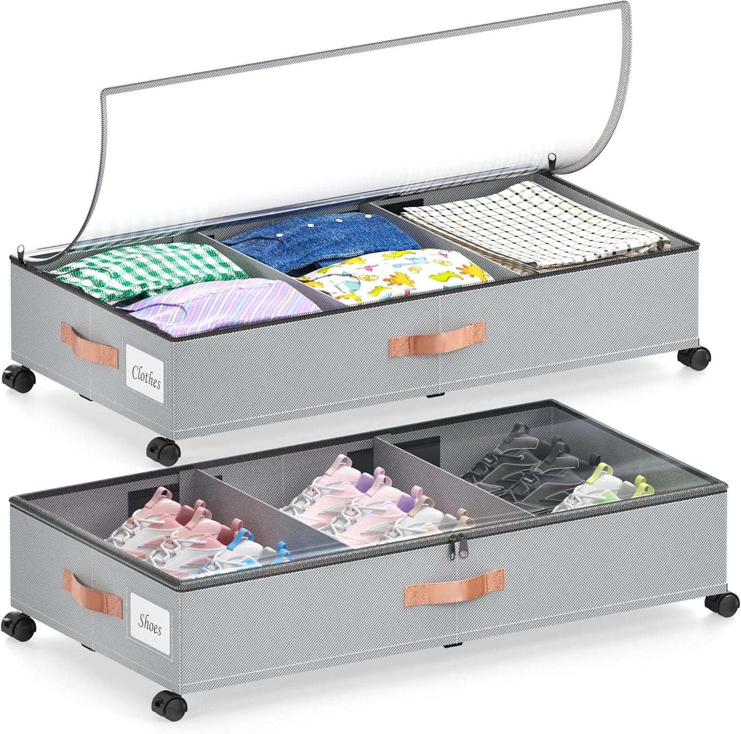 Under Bed Storage with Wheels, 2-Pack Under Bed Storage Containers with Clear Lids, XXL 65L Under the bed storage Organizer Bins, Rolling Under Bed Metal Drawer for Clothes,Shoes,Toys (gray)