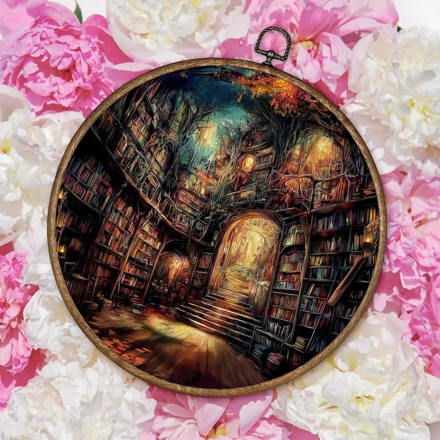 TLESKE Fantasy Library Books Round Wall Art Decor Framed 10x10, Dark Academia Canvas Wall Art Prints Artwork, Reading Corner Nook Wall Hanging Room Door Decor Decorations for Bedroom Living Room