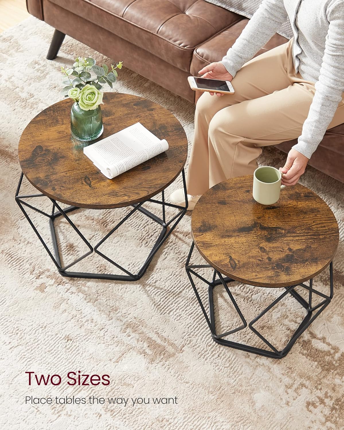 VASAGLE Small Coffee Table Set of 2, Round Coffee Table with Steel Frame, Side End Table for Living Room, Bedroom, Office, Rustic Brown and Ink Black | Living Room, Bedroom, Office